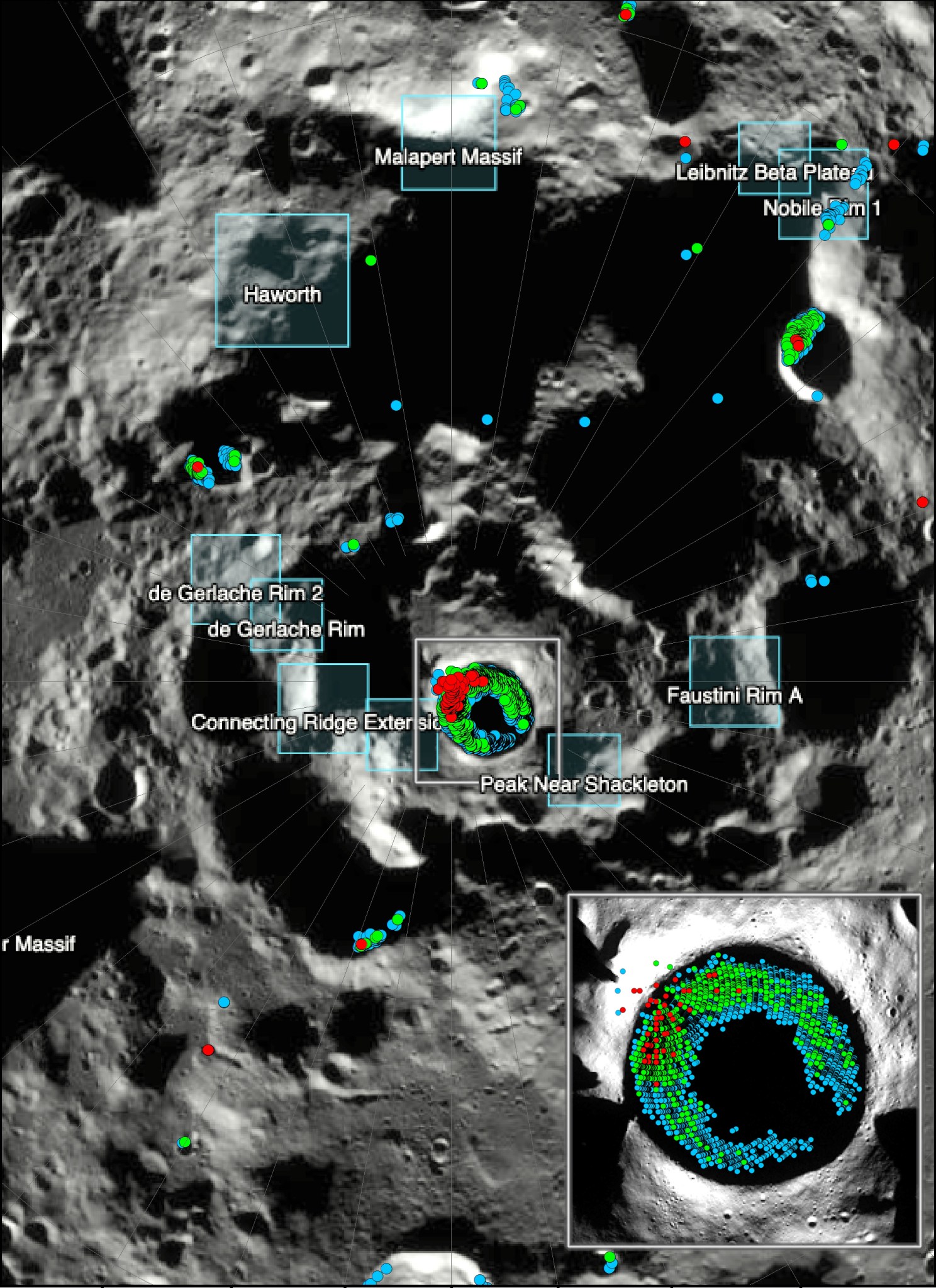 Map showing areas with landslide potential at lunar south pole.