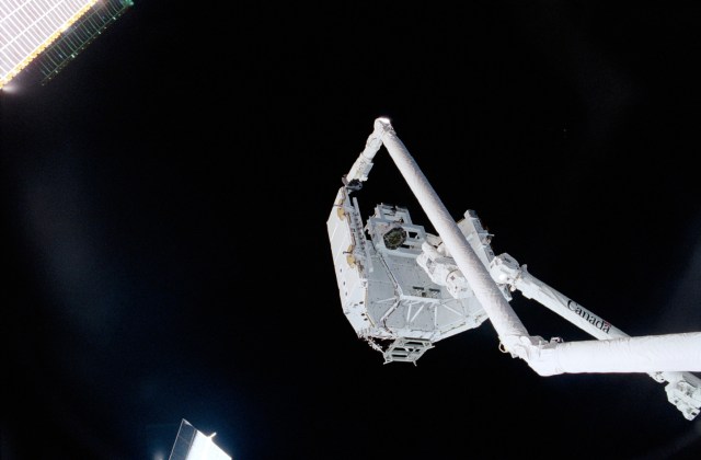 A Canadian "handshake in space" occurred on April 28, 2001 as the Canadian-built space station robotic arm (right) transferred its launch cradle over to Endeavour's Canadian-built robotic arm. A Canadian mission specialist--astronaut Chris A. Hadfield of the Canadian Space Agency (CSA)--was also instrumental in the activity as he was at the controls of the original robot arm from his post on the aft flight deck of the shuttle.