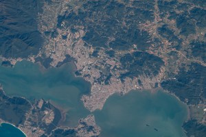The cities of San Jose (top) and Floriana (bottom) in Brazil are bridged together in between the North and South Bays in this photograph from the International Space Station as it orbited 264 miles above.