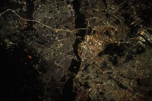 The city lights of New Delhi, India, are split by the darkness of the Yamuna River in this photograph from the International Space Station as it orbited 257 miles above.