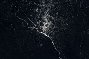 The Damietta Branch of the Nile River splits into canals in the central portion of the Nile Delta in Egypt. Lights from several cities surrounding the Egyptian waterways are pictured in this nighttime photograph from the International Space Station as it orbited 262 miles above the Mediterranean Sea off the coast of the Sinai Peninsula.