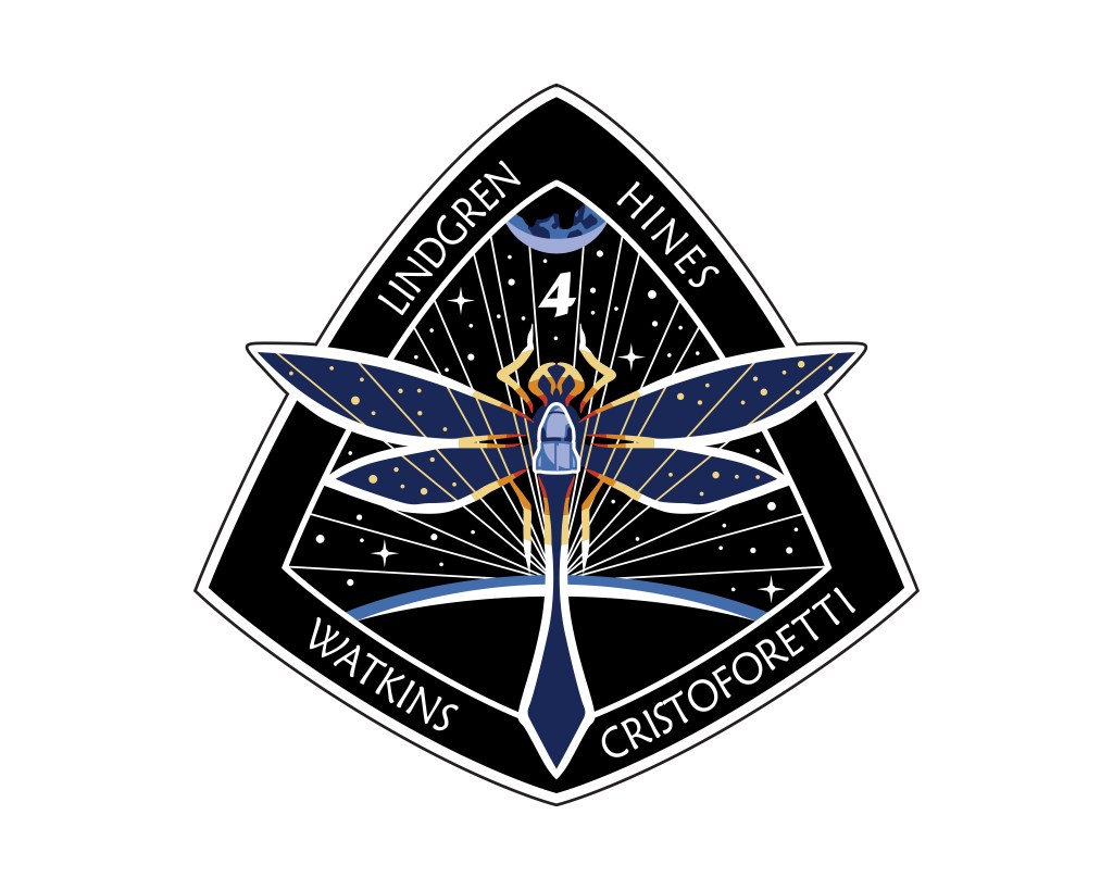 The insignia representing the SpaceX Crew-4 mission to the International Space Station depicts a dragonfly and highlights the crew members Commander Kjell Lindgren, Pilot Robert Hines and Mission Specialists Jessica Watkins and Samantha Cristoforetti. Lindgren, Hines and Watkins are NASA astronauts and Cristoforetti is an ESA (European Space Agency) astronaut. Kjell Lindgren described the meaning behind the patch: "The free-flying Dragon capsule forms the thorax of the central element of the patch, the Dragonfly – a beautiful and agile flyer. For many, the dragonfly represents transformation and good fortune. On its way to the International Space Station, the capsule appears suspended in low Earth orbit with the Earth below and Moon above. Four bright stars represent the four crewmembers’ families and their steadfast patience, love and support. The remaining multitude of stars represent the countless members of the NASA, SpaceX and international partner teams, whose ingenuity, vigilance and tireless work has made this mission possible."
