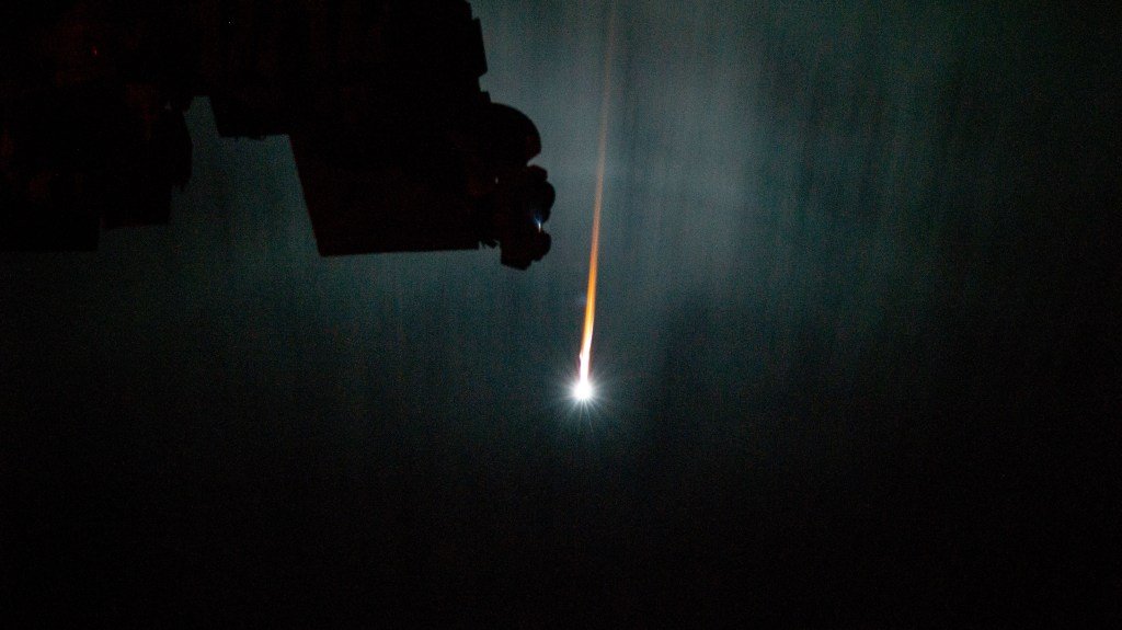 The ISS Progress 79 resupply ship from Roscosmos leaves a plasma trail as it reenters Earth's atmosphere for a fiery, but safe demise above the Pacific Ocean.