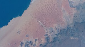The Namib Desert is pictured from the International Space Station as it orbited 262 miles above the Atlantic Ocean just off the coast of the African nation of Namibia.