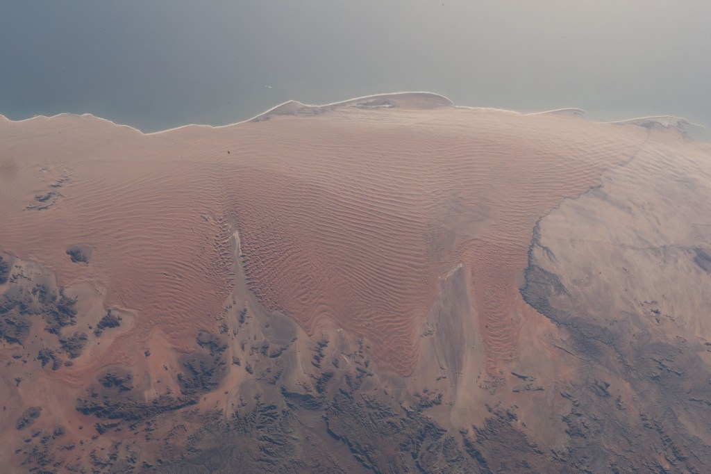 The Namib Desert on the Atlantic Coast of Namibia is photographed from an altitude of 259 miles as the International Space Station orbited off the coast of the southwestern Africa nation.