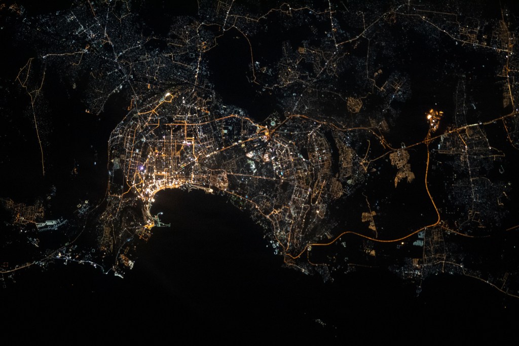 The night lights of Baku, the capital city of Azerbaijan, are pictured from the International Space Station as it orbited 261 miles above the Caspian Sea.