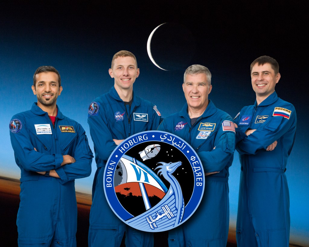The official SpaceX Crew-6 portrait with (from left), Mission Specialist and UAE (United Arab Emirates) astronaut Sultan Alneyadi; Pilot Woody Hoburg and Commander Stephen Bowen, both NASA astronauts; and Mission Specialist and Roscosmos cosmonaut Andrey Fedyaev. The foursome will also be Expedition 69 Flight Engineers during their stay aboard the International Space Station.