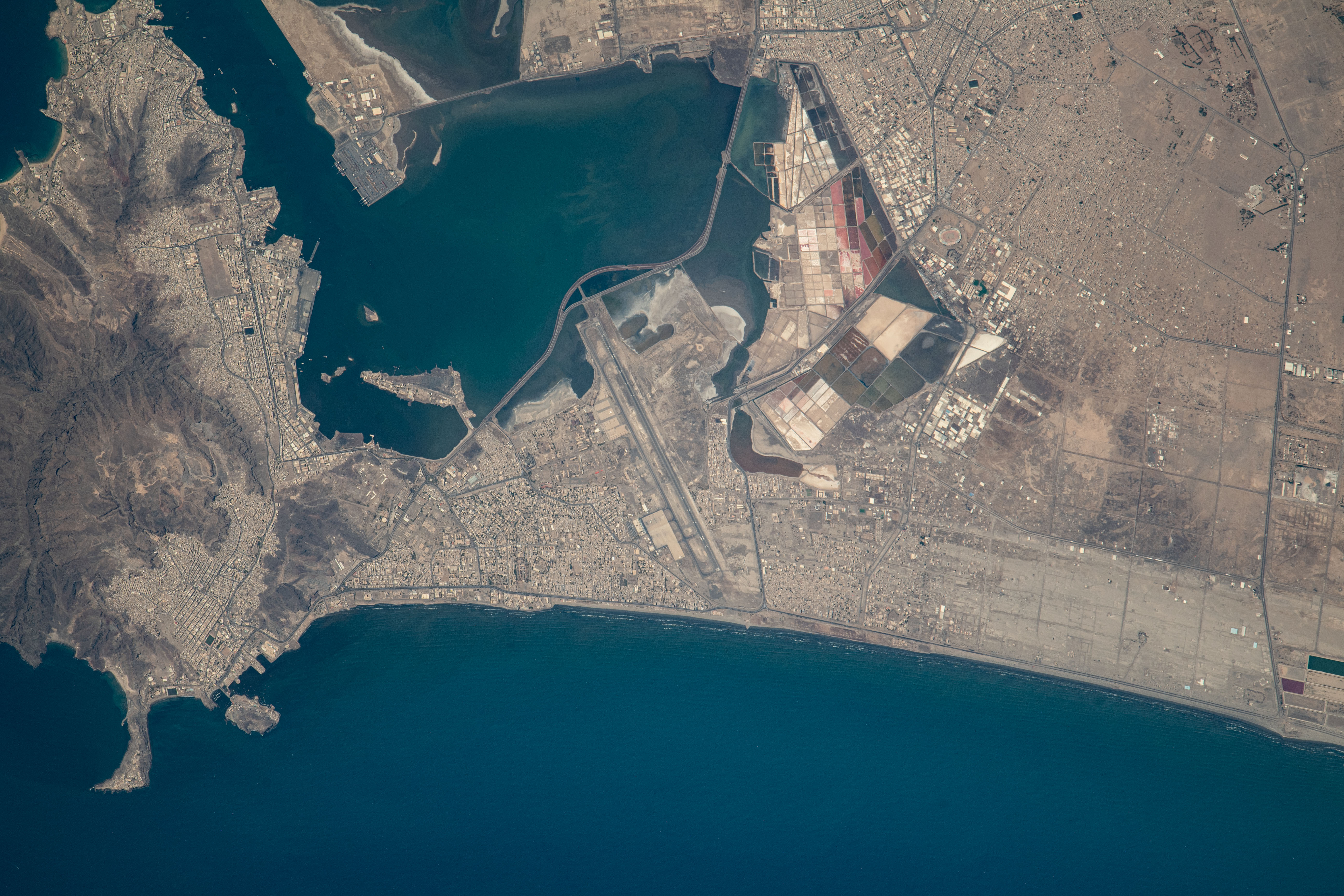 The port city of Aden, Yemen, on the coast of the Gulf of Aden is pictured from the International Space Station as it orbited 261 miles above.