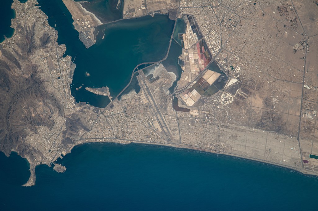 The port city of Aden, Yemen, on the coast of the Gulf of Aden is pictured from the International Space Station as it orbited 261 miles above.