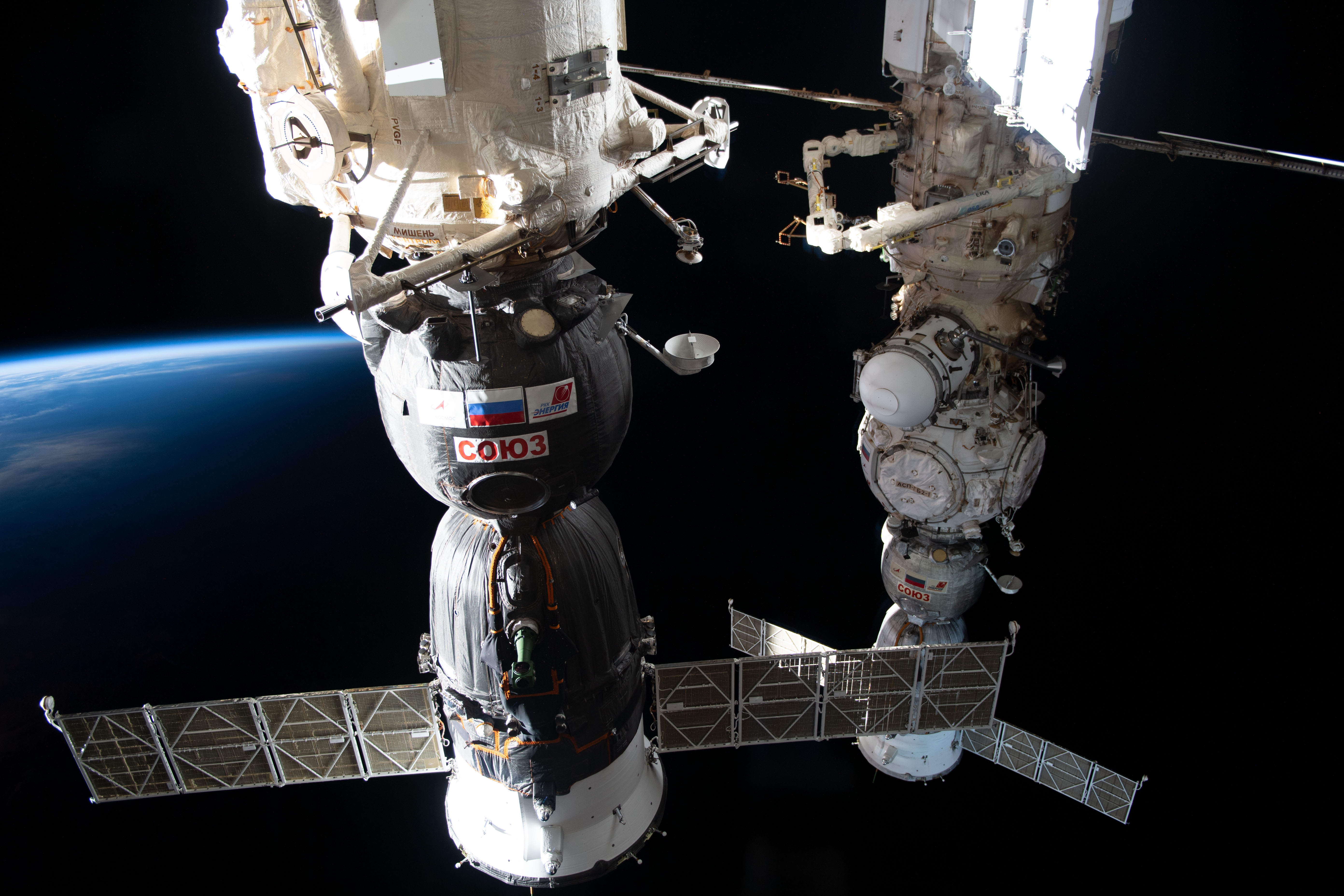 The Soyuz MS-24 spacecraft (foreground) that carried NASA astronaut Loral O'Hara and Roscosmos cosmonauts Oleg Kononenko and Nikolai Chub to the International Space Station is pictured docked to the Rassvet module. In the rear, is the Soyuz MS-23 crew ship, docked to the Prichal docking module, that will return NASA astronaut Frank Rubio and Roscosmos cosmonauts Sergey Prokopyev and Dmitri Petelin back to Earth on Sept. 27.