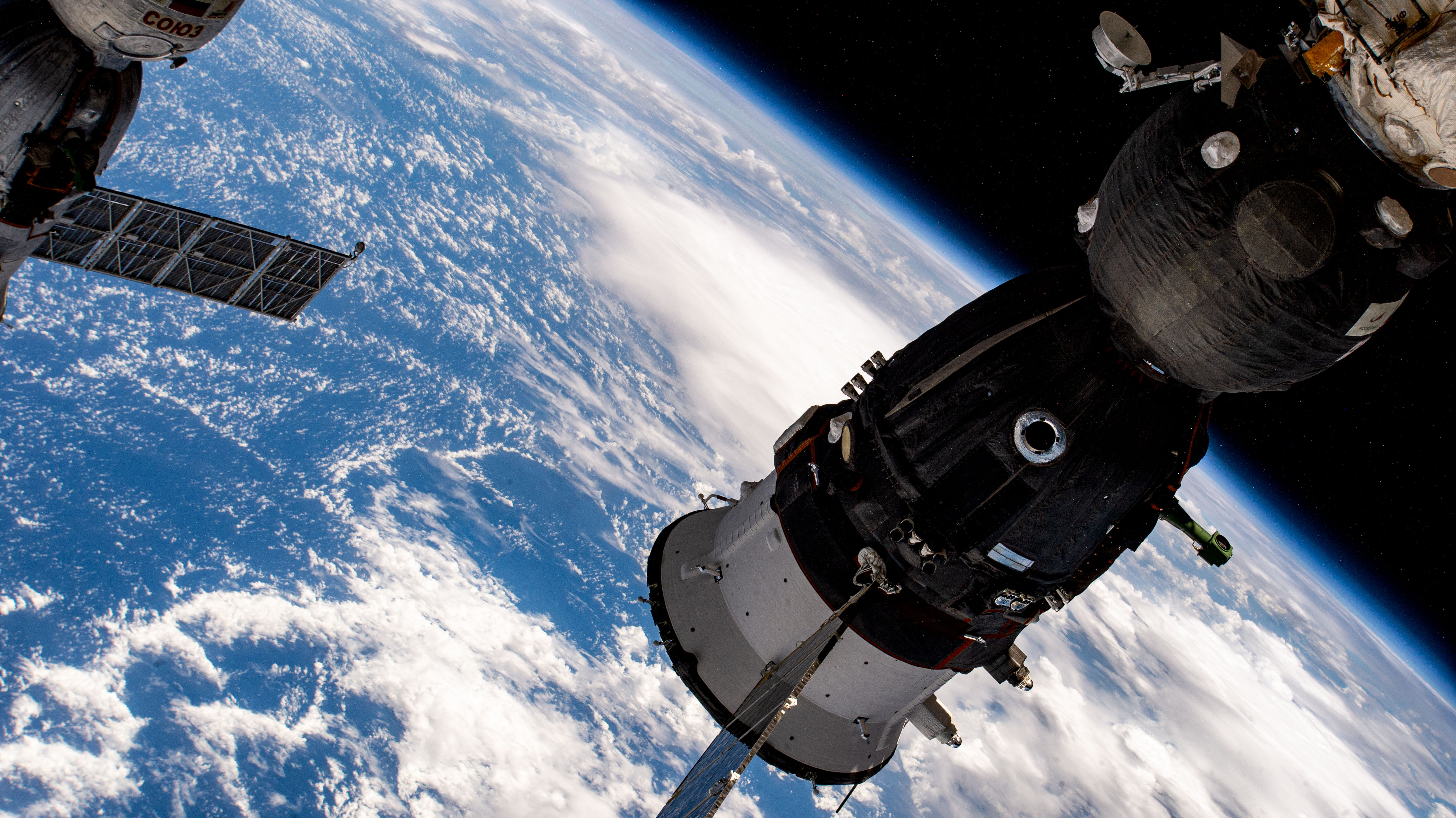The Soyuz MS-24 crew ship is pictured docked to the International Space Station's Rassvet module. The spacecraft launched three Expedition 69-70 crew members, NASA astronaut Loral O'Hara and Roscosmos cosmonauts Oleg Kononenko and Nikolai Chub, to the orbiting lab on Sept. 15, 2023.