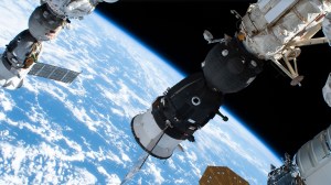 The Soyuz MS-24 spacecraft that carried NASA astronaut Loral O'Hara and Roscosmos cosmonauts Oleg Kononenko and Nikolai Chub to the International Space Station is pictured docked to the Rassvet module. At far left, is the Soyuz MS-23 crew ship, docked to the Prichal docking module, that will return NASA astronaut Frank Rubio and Roscosmos cosmonauts Sergey Prokopyev and Dmitri Petelin back to Earth on Sept. 27.