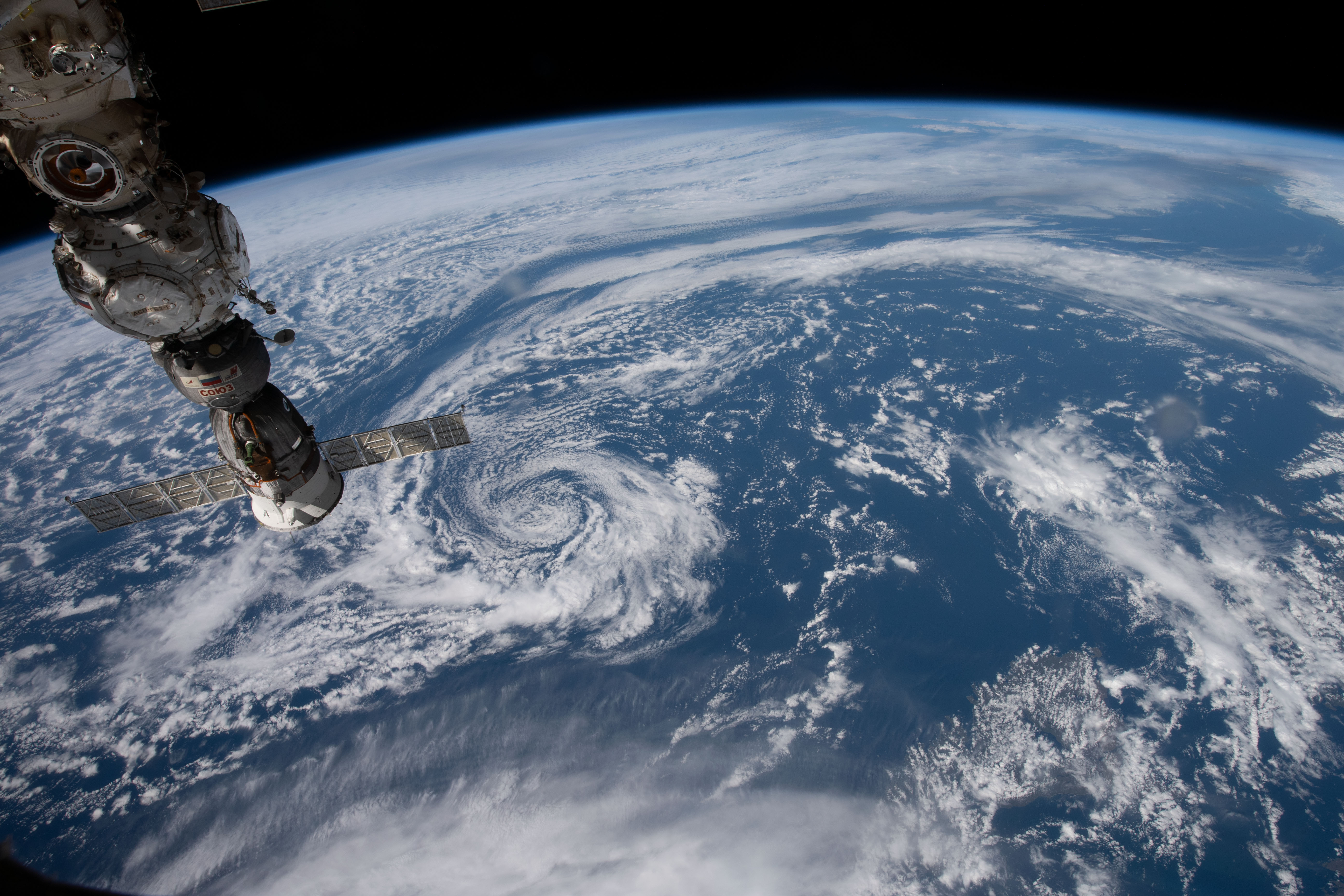 Three Roscosmos components on the International Space Station were photographed by UAE (United Arab Emirates) astronaut and Expedition 69 Flight Engineer Sultan Alneyadi while orbiting 263 miles above a partly Pacific Ocean off the coast of British Columbia, Canada. At left, from top to bottom, are the Nauka multipurpose laboratory module's forward port, the Prichal docking module, and the Soyuz MS-23 crew ship.
