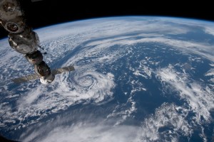 Three Roscosmos components on the International Space Station were photographed by UAE (United Arab Emirates) astronaut and Expedition 69 Flight Engineer Sultan Alneyadi while orbiting 263 miles above a partly Pacific Ocean off the coast of British Columbia, Canada. At left, from top to bottom, are the Nauka multipurpose laboratory module's forward port, the Prichal docking module, and the Soyuz MS-23 crew ship.