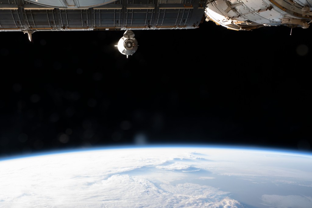 The SpaceX Crew Dragon Endeavour, with Expedition 69 crew members Steve Bowen and Woody Hoburg of NASA, UAE (United Arab Emirates) astronaut Sultan Alneyadi, and Roscosmos cosmonaut Andrey Fedyaev aboard, approaches the International Space Station for a docking to the Harmony module's forward port during a relocation maneuver 265 miles above the U.S-Canadian border.