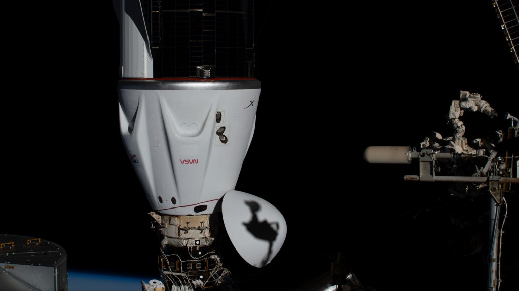 The SpaceX Dragon Endurance spacecraft is pictured docked to the Harmony module's space-facing port on the International Space Station. Dragon docked on Aug. 27, 2023, with crew members Jasmin Moghbeli from NASA, Andreas Mogensen from ESA (European Space Agency), Satoshi Furukawa from JAXA (Japan Aerospace Exploration Agency), and Konstantin Borisov from Roscosmos to begin a six-month space research mission.