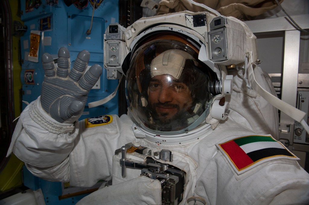 UAE (United Arab Emirates) astronaut and Expedition 69 Flight Engineer Sultan Alneyadi is pictured in his Extravehicular Mobility Unit, or spacesuit, during a fit check in preparation for his first spacewalk that took place on April 28, 2023.