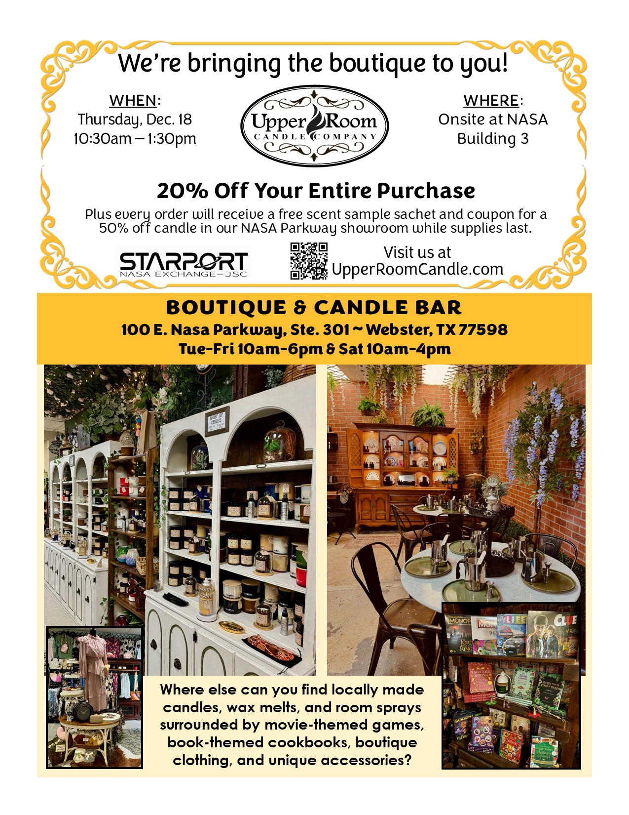 Flyer for Upper Room Candle Company, a pop up vendor at JSC B3 on December 18, 2025.