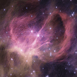 Image showing wispy pink-purple filaments and a scattering of stars.