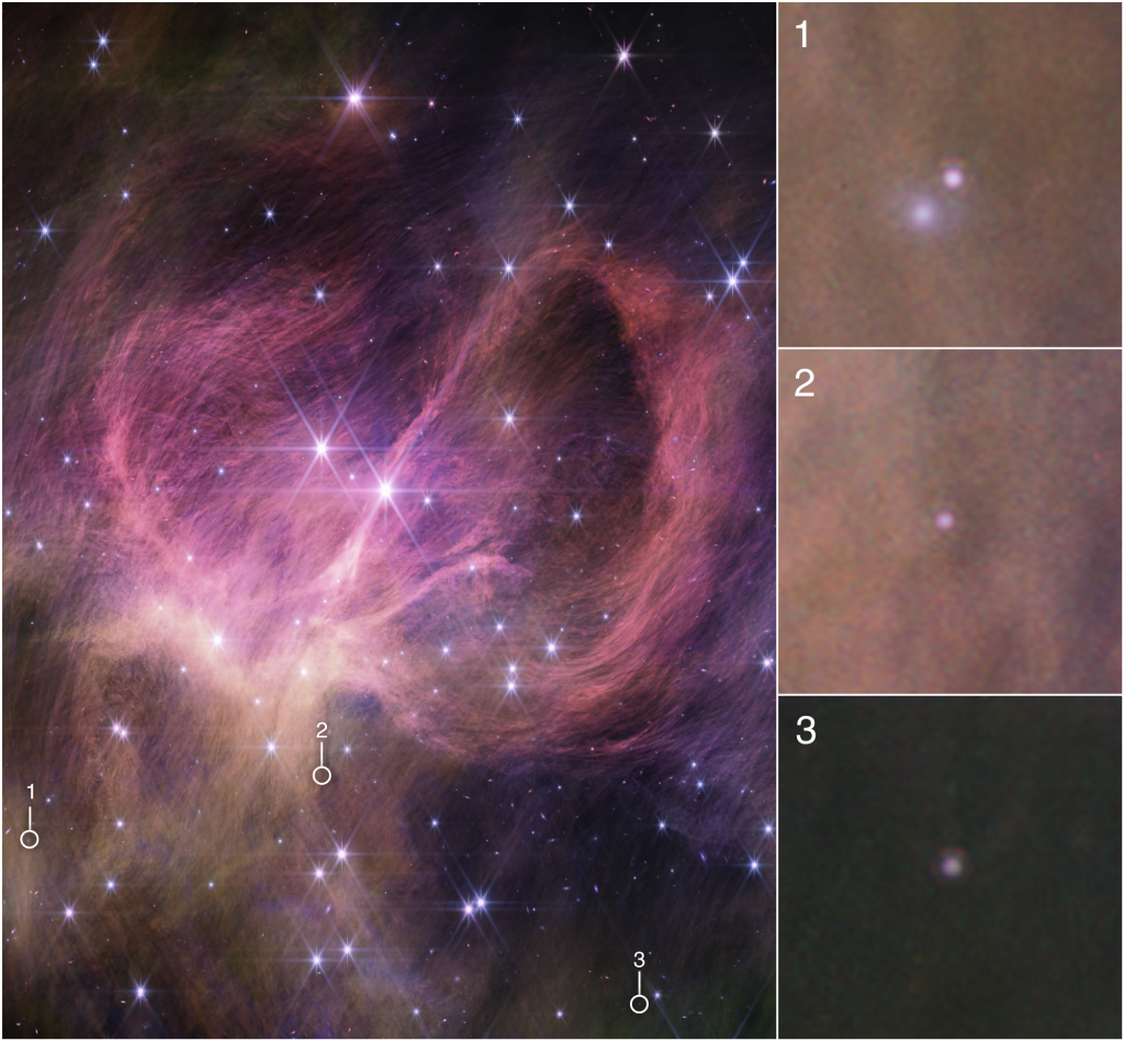 Image of wispy pink-purple hair-like filaments and a scattering of stars, with three image details pulled out in square boxes stacked vertically along the right.