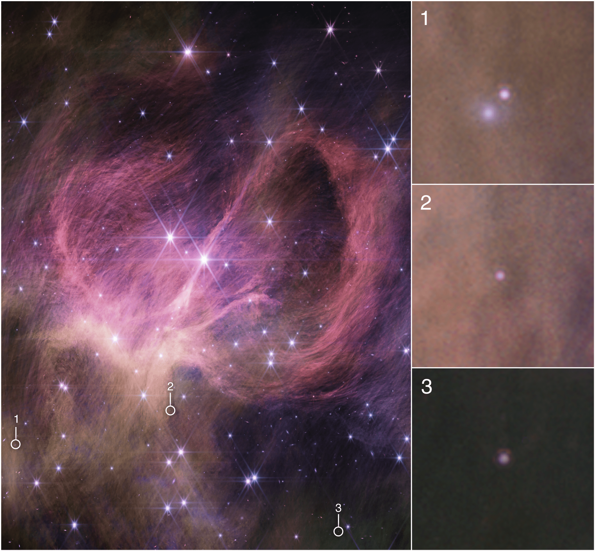 Image of wispy pink-purple hair-like filaments and a scattering of stars, with three image details pulled out in square boxes stacked vertically along the right.