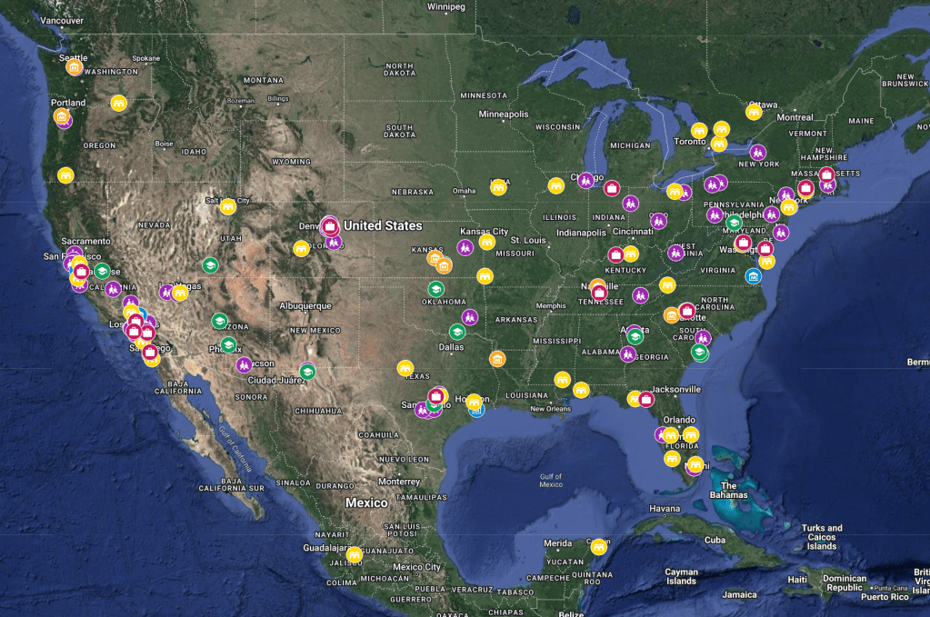 US Map showing the different locations of the Quesst Rollout Watch Party.