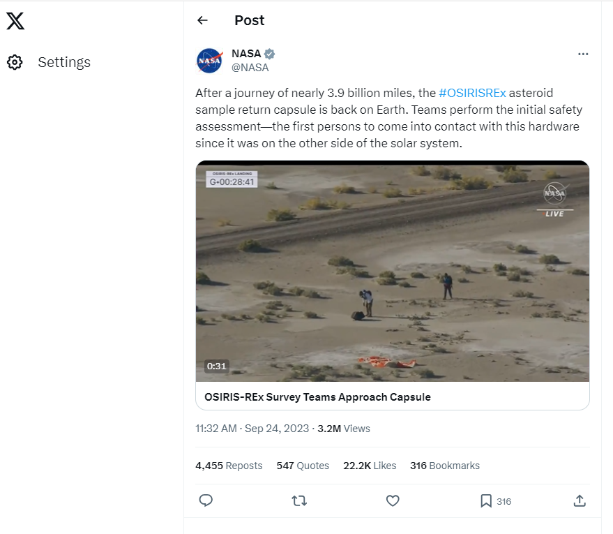 X post of the OSIRIS-REx landing in Utah desert