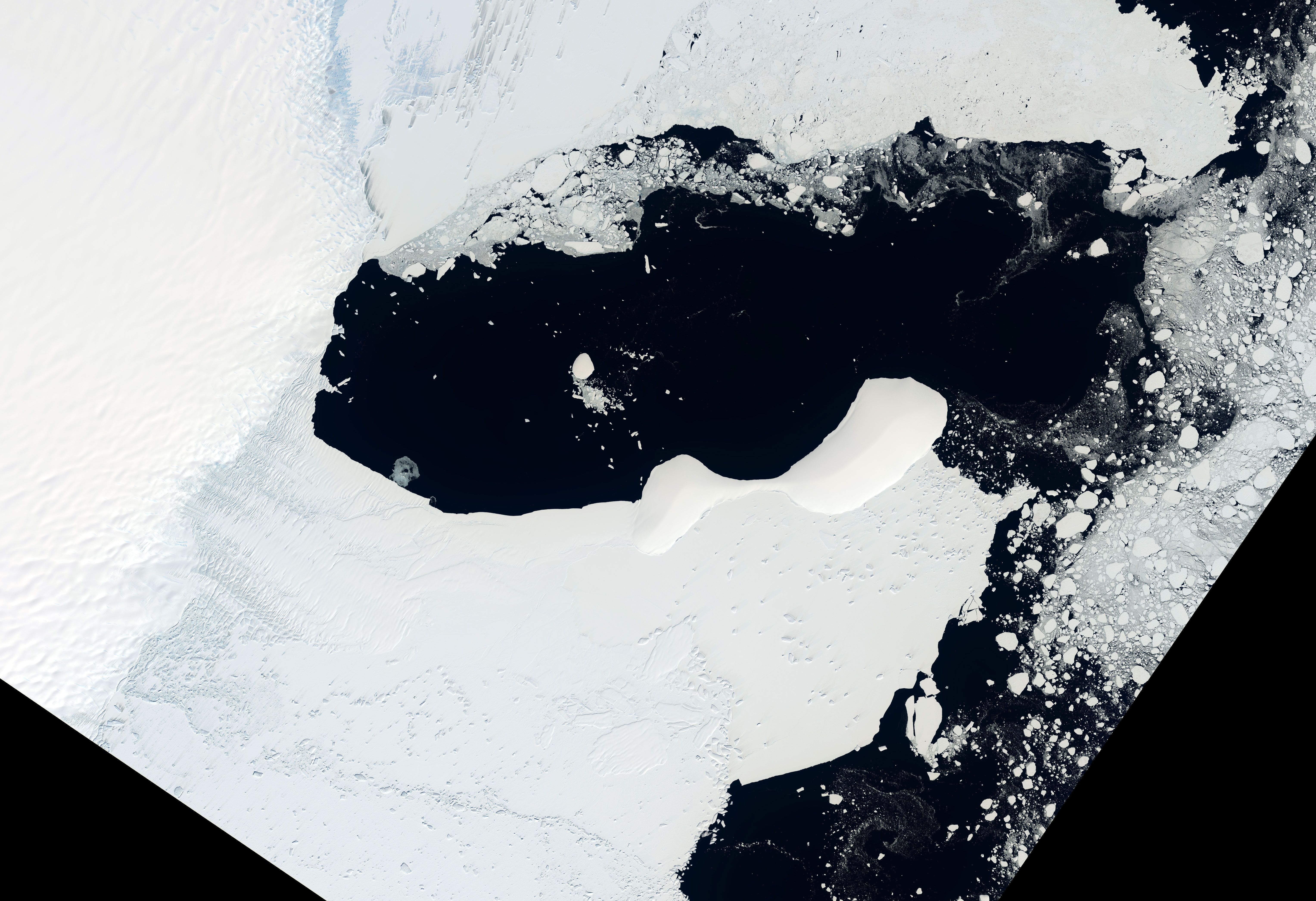 Satellite imagery shows a portion of East Antarctica on Jan. 9, 2022, before icebergs calved off the Glenzer and Conger glaciers. NISAR will observe nearly all of the planet’s land and ice surfaces twice every 12 days, monitoring Earth’s frozen regions, known as the cryosphere.