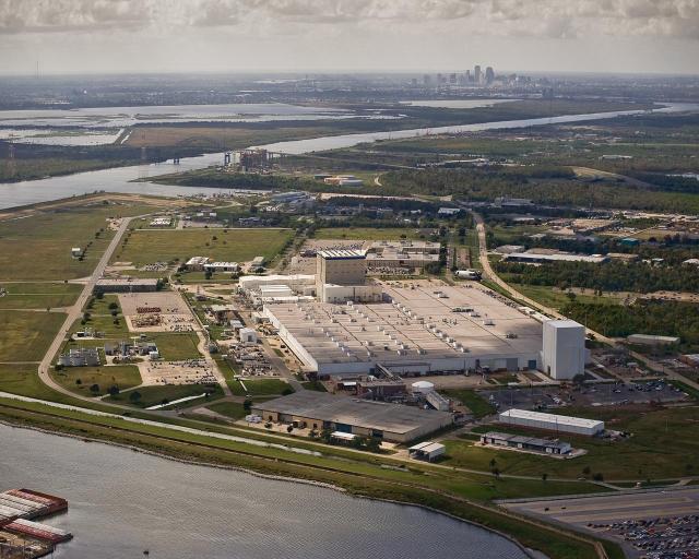 NASA's Michoud Assembly Facility with a view of New Orleans in the background.