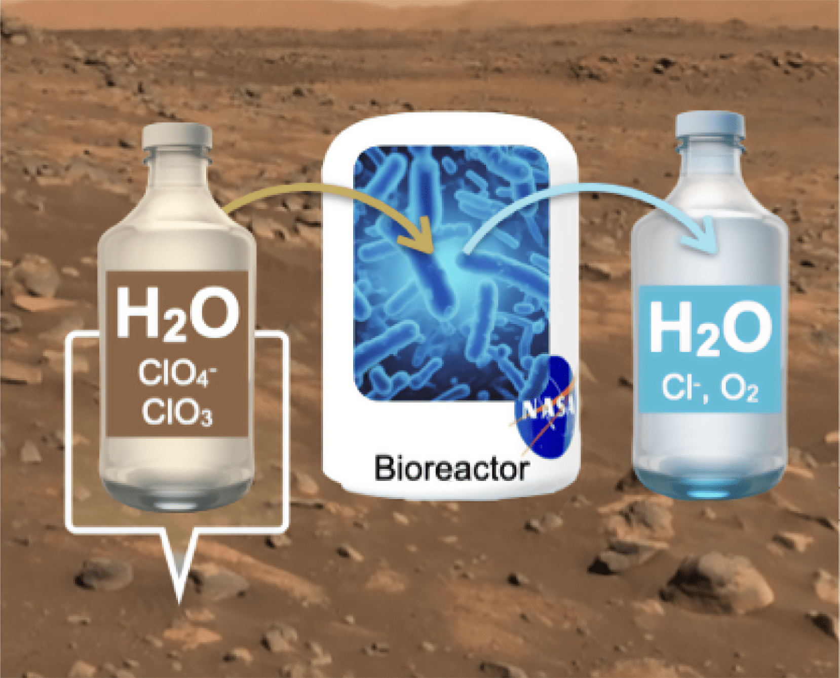 Artist rendition of a bottle of H2O, Bioreactor and H2O with a planetary surface in the background.