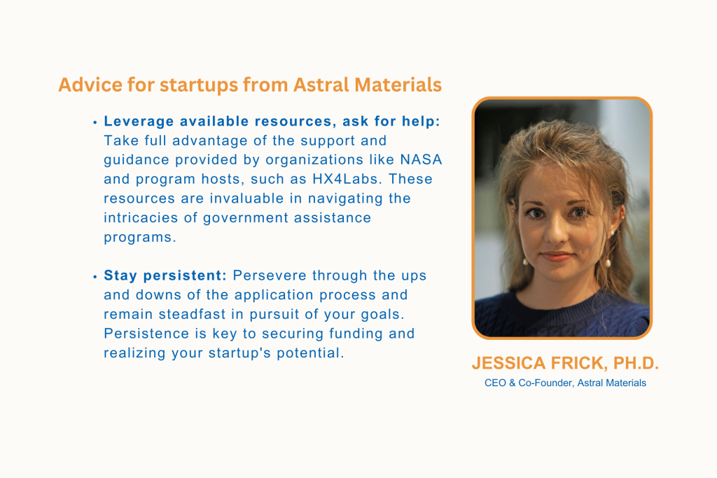 Graphic of advice from Astral Materials CEO: Ask for help and Stay persistent