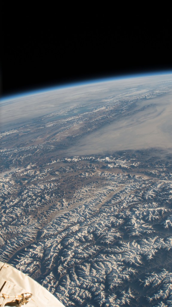 The International Space Station was orbiting 253 miles above northern Pakistan when this photograph was taken of a portion of the Himalayan mountain range.