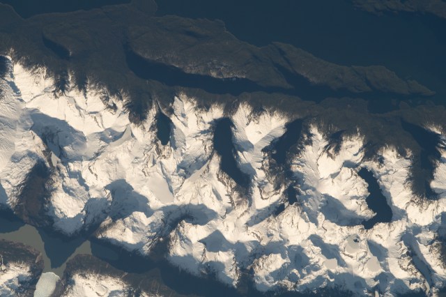 A snow-capped portion of the Andes Mountain Range is pictured from the International Space Station as it orbited above the Laguna San Rafael National Park in southern Chile.