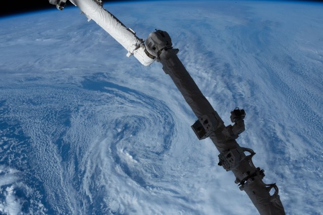 A typhoon is pictured from the International Space Station as it orbited above the South Pacific Ocean.