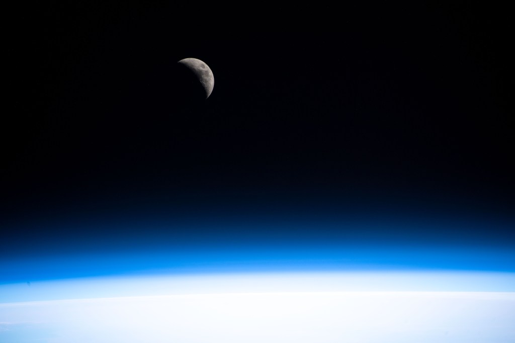 A waxing crescent Moon is pictured as the International Space Station orbited 260 miles above the north African country of Algeria.