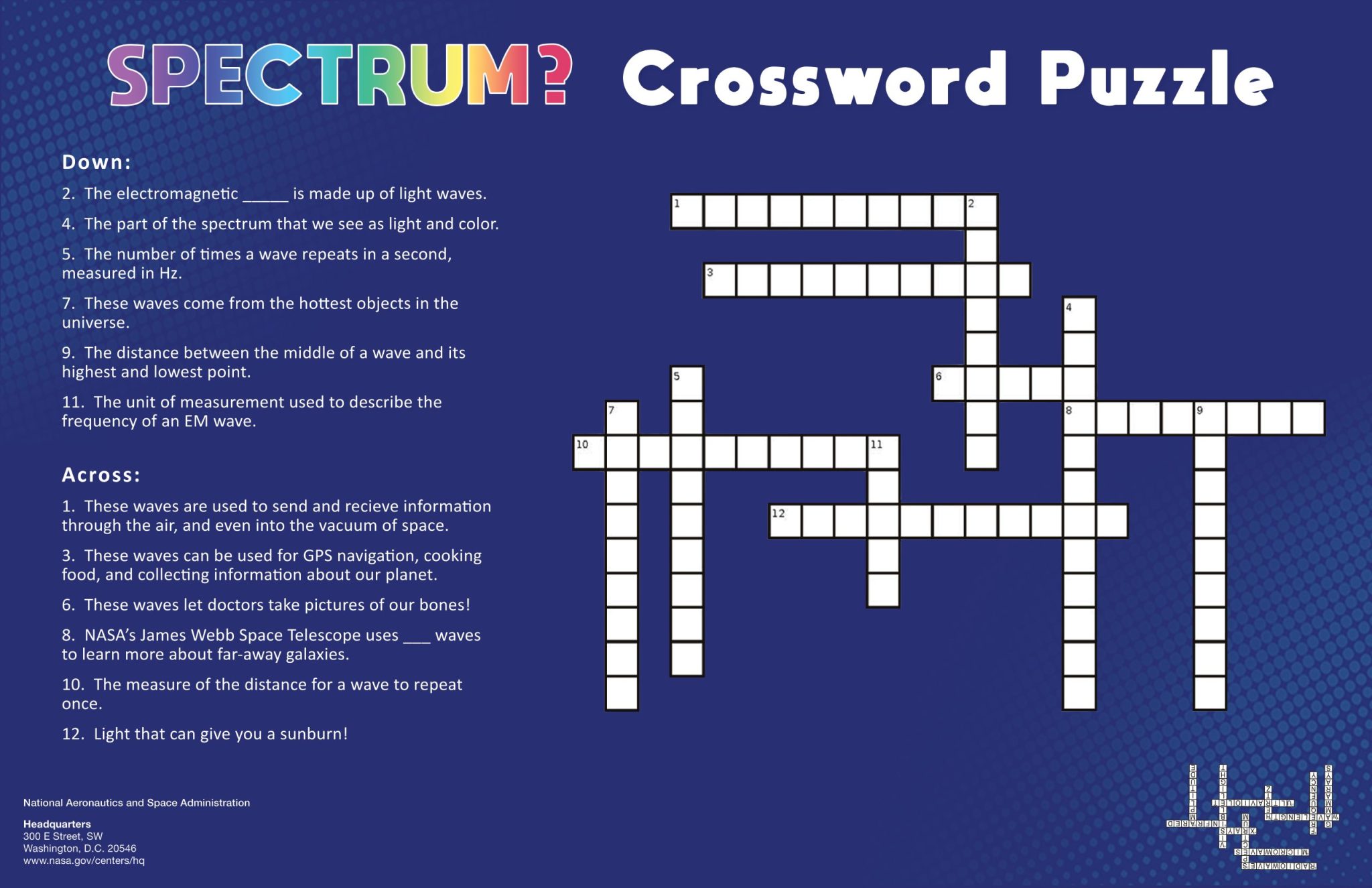 Crossword puzzle featuring terms relevant to the electromagnetic spectrum.