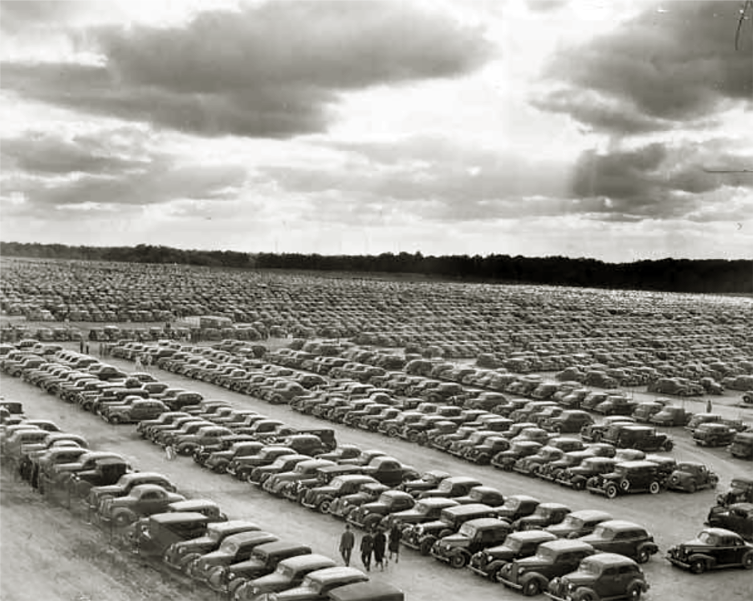 1930s automobiles lined up in parking lot.