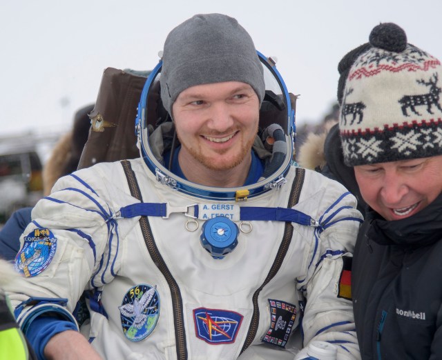 Alexander Gerst of ESA (European Space Agency) is carried to a medical tent shortly after he, Sergey Prokopyev of Roscosmos, and Serena Auñón-Chancellor of NASA landed in their Soyuz MS-09 spacecraft near the town of Zhezkazgan, Kazakhstan on Thursday, Dec. 20, 2018. Auñón-Chancellor, Gerst and Prokopyev are returning after 197 days in space where they served as members of the Expedition 56 and 57 crews onboard the International Space Station.