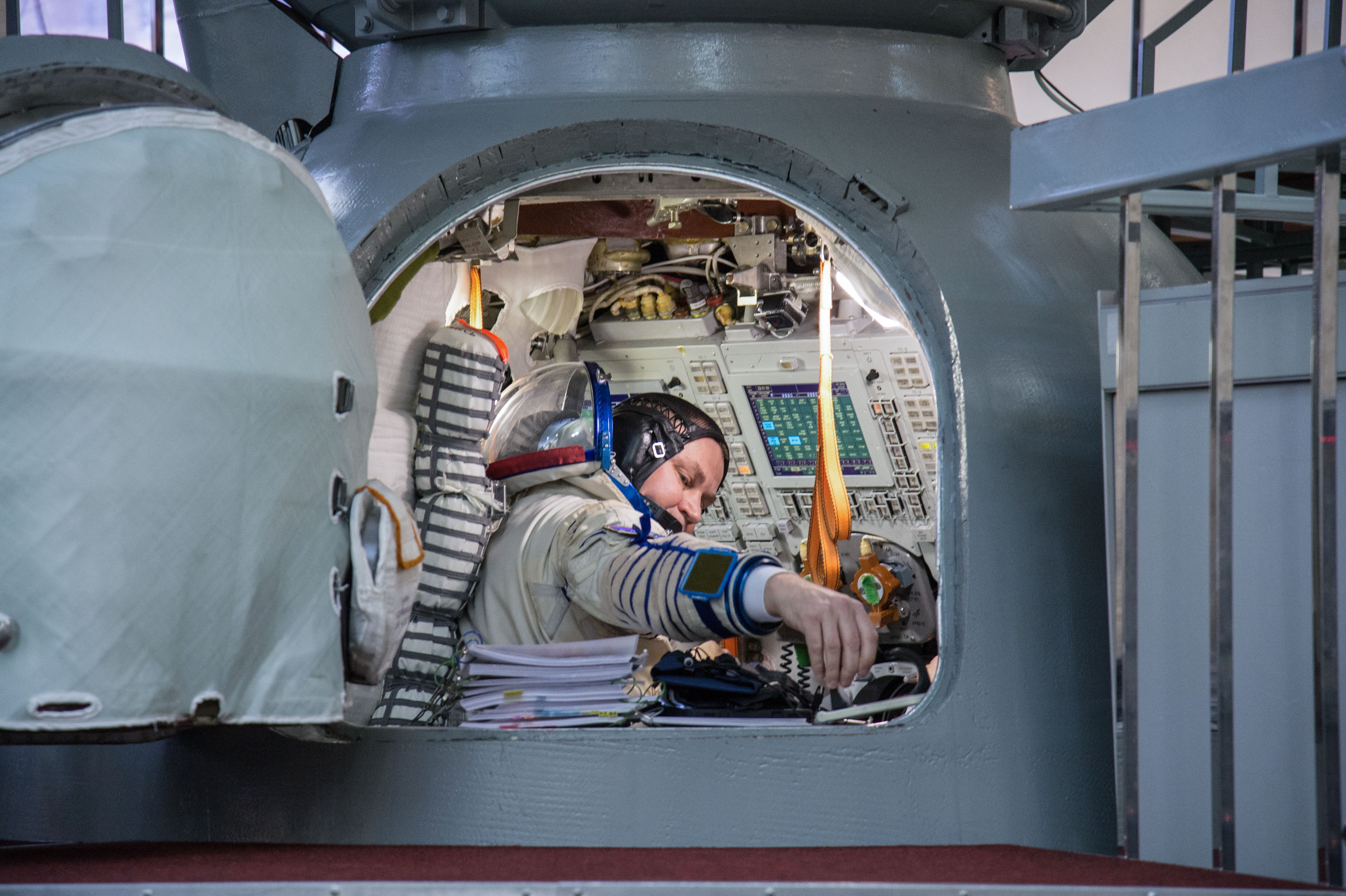 At the Gagarin Cosmonaut Training Center in Star City, Russia, Expedition 59 crew member Alexey Ovchinin of Roscosmos is seen inside a Soyuz spacec...
