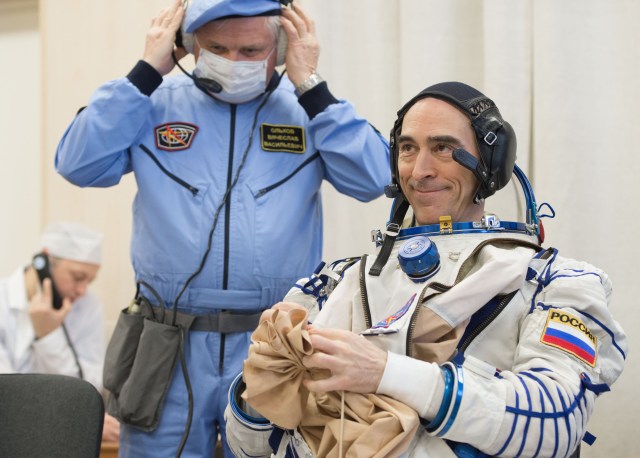 At the Baikonur Cosmodrome in Kazakhstan, Expedition 63 crewmember Anatoly Ivanishin of Roscosmos suits up March 25 for pre-launch training activities. Ivanishin, Ivan Vagner of Roscosmos and Chris Cassidy of NASA will launch April 9 on the Soyuz MS-16 spacecraft from Baikonur for a six-and-a-half month mission on the International Space Station. Credit: Andrey Shelepin/Gagarin Cosmonaut Training Center.
