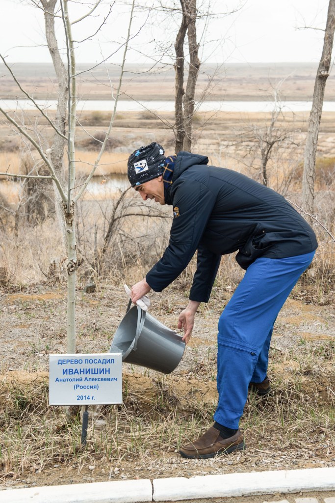 At the Cosmonaut Hotel crew quarters in Baikonur, Kazakhstan, Expedition 63 crewmember Anatoly Ivanishin of Roscosmos waters a tree bearing his name April 1 in a traditional pre-launch activity. Ivanishin, Ivan Vagner of Roscosmos and Chris Cassidy of NASA will launch April 9 on the Soyuz MS-16 spacecraft from the Baikonur Cosmodrome in Kazakhstan for a six-and-a-half month mission on the International Space Station. Credit: Andrey Shelepin/Gagarin Cosmonaut Training Center.