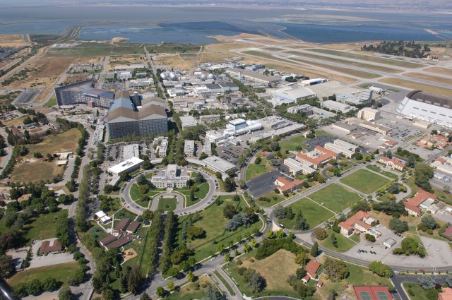 Aerial view of newly completed N-232 Sustainability Base at the NASA Ames Research Center, Moffett Field, CA.
