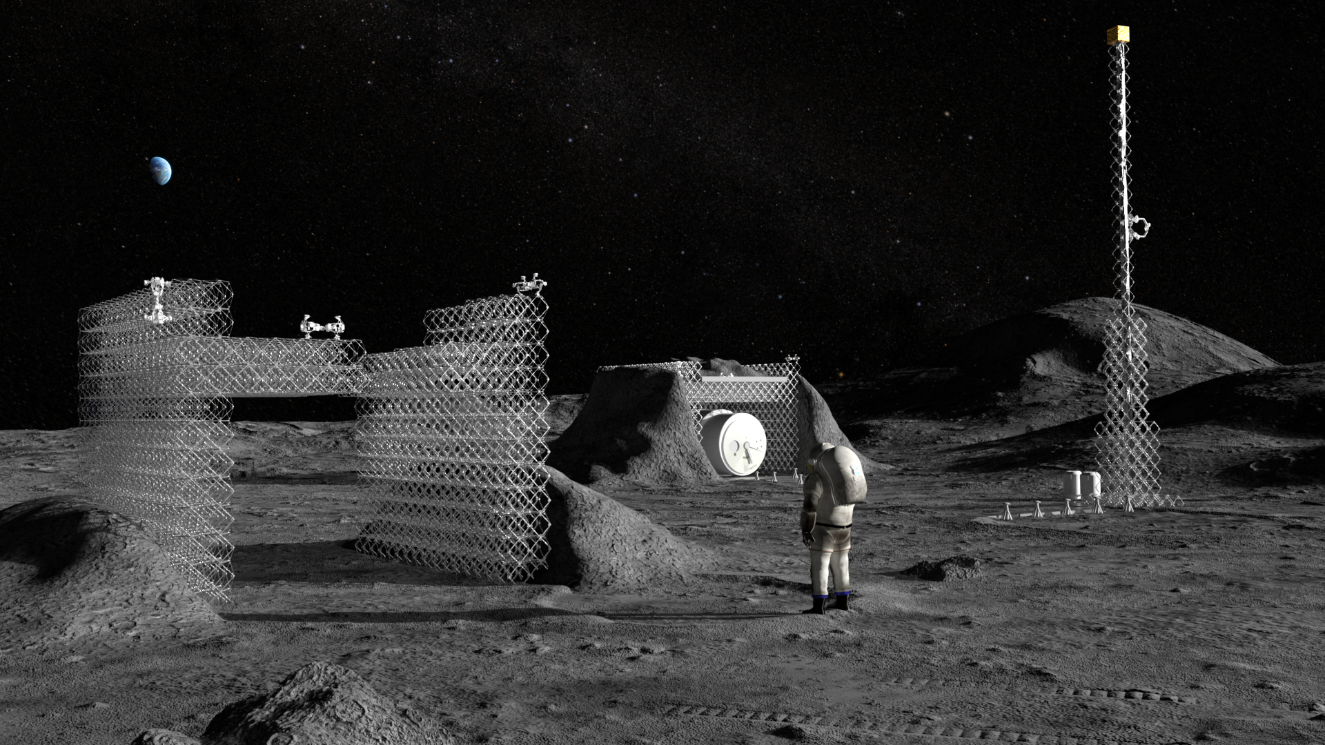 Illustration of an astronaut in a spacesuit standing on the lunar surface near structures being built by small robots.