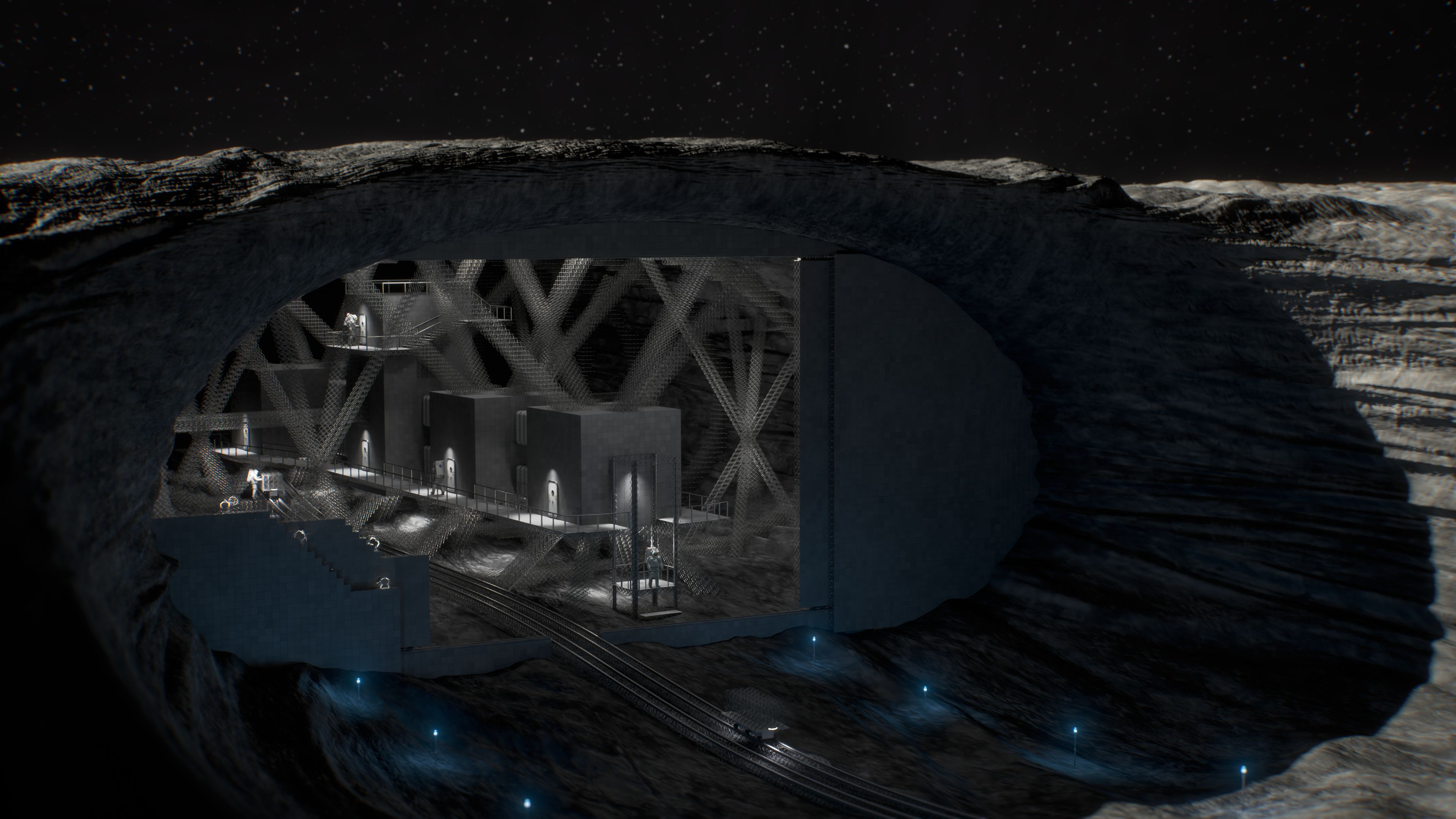 Illustration of a large lunar cave containing several box-shaped facilities connected by walkways, and crew in spacesuits.