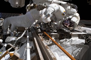 Astronaut Andrew Morgan of NASA is tethered to the Starboard-3 truss segment work site during the second spacewalk to repair the International Space Station's cosmic particle detector, the Alpha Magnetic Spectrometer.