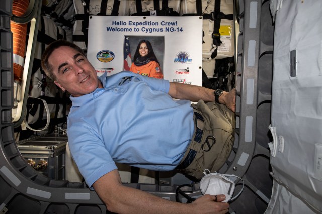NASA astronaut and Expedition 63 Commander Chris Cassidy is pictured inside the Northrop Grumman Cygnus space freighter named the S.S. Kalpana Chawla after the first female astronaut of Indian descent who also perished on the ill-fated STS-107 mission aboard Space Shuttle Columbia.