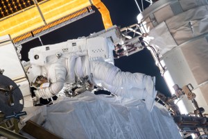 NASA astronaut Christina Koch is tethered to the International Space Station's Port-6 truss structure during a spacewalk to finalize upgrading power systems on the International Space Station's Port-6 truss structure.