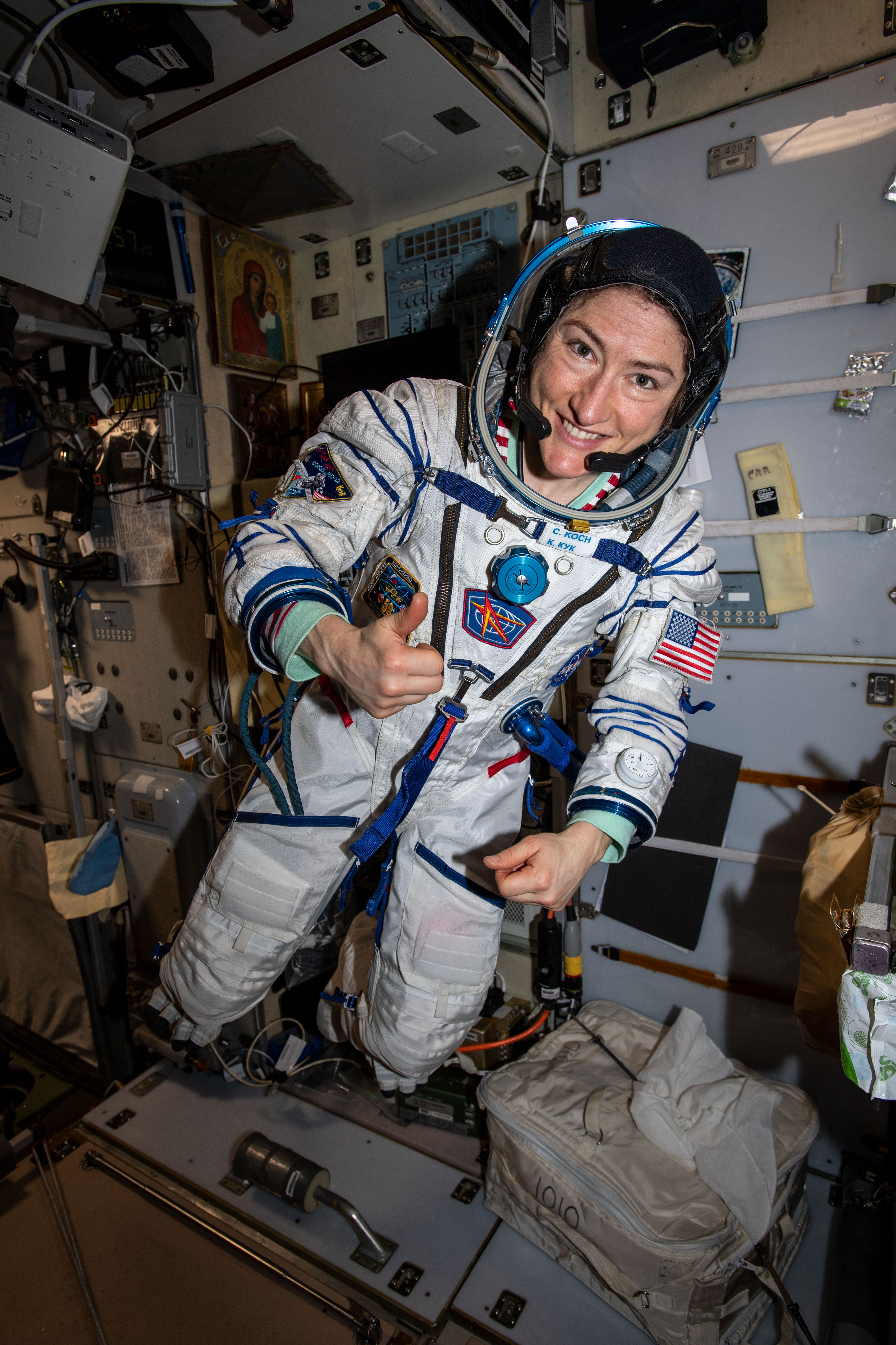 NASA astronaut Christina Koch tries on the Sokol launch and entry suit she will wear when she returns to Earth on Feb. 6 with fellow International Space Station crewmembers Luca Parmitano of ESA (European Space Agency) and Alexander Skvortsov of Roscosmos. The trio will board the Soyuz MS-13 crew ship, undock from the Poisk module and parachute to a landing in Kazakhstan. When Koch lands, her mission-stay will be the second longest single spaceflight by a U.S. astronaut behind former astronaut Scott Kelly. He lived aboard the station for 340 continuous days.
