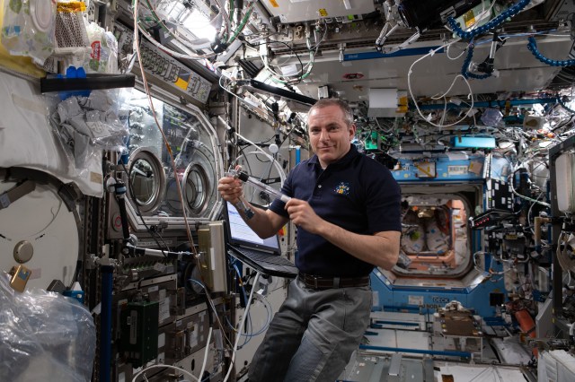 Astronaut David Saint-Jacques of the Canadian Space Agency studies how crystals melt and solidify using the Microgravity Science Glovebox inside the U.S. Destiny laboratory module. The Solidification Using a Baffle in Sealed Ampoules study explores how to produce high-quality semi-conductor crystals in microgravity.