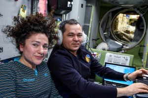 NASA astronaut Jessica Meir and Roscosmos cosmonaut Oleg Skripochka, both Expedition 61 Flight Engineers, pose for a portrait inside the International Space Station's Zvezda service module.